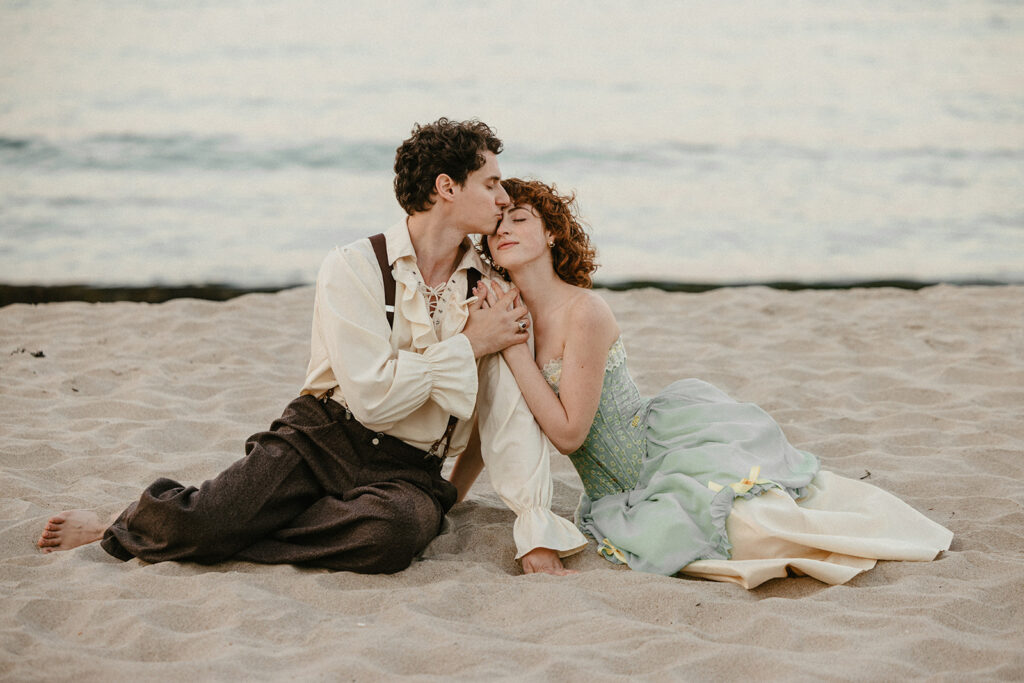 Happy newlywed couple celebrating their romantic wedding on Bornholm island in Denmark
