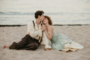 Happy newlywed couple celebrating their romantic wedding on Bornholm island in Denmark